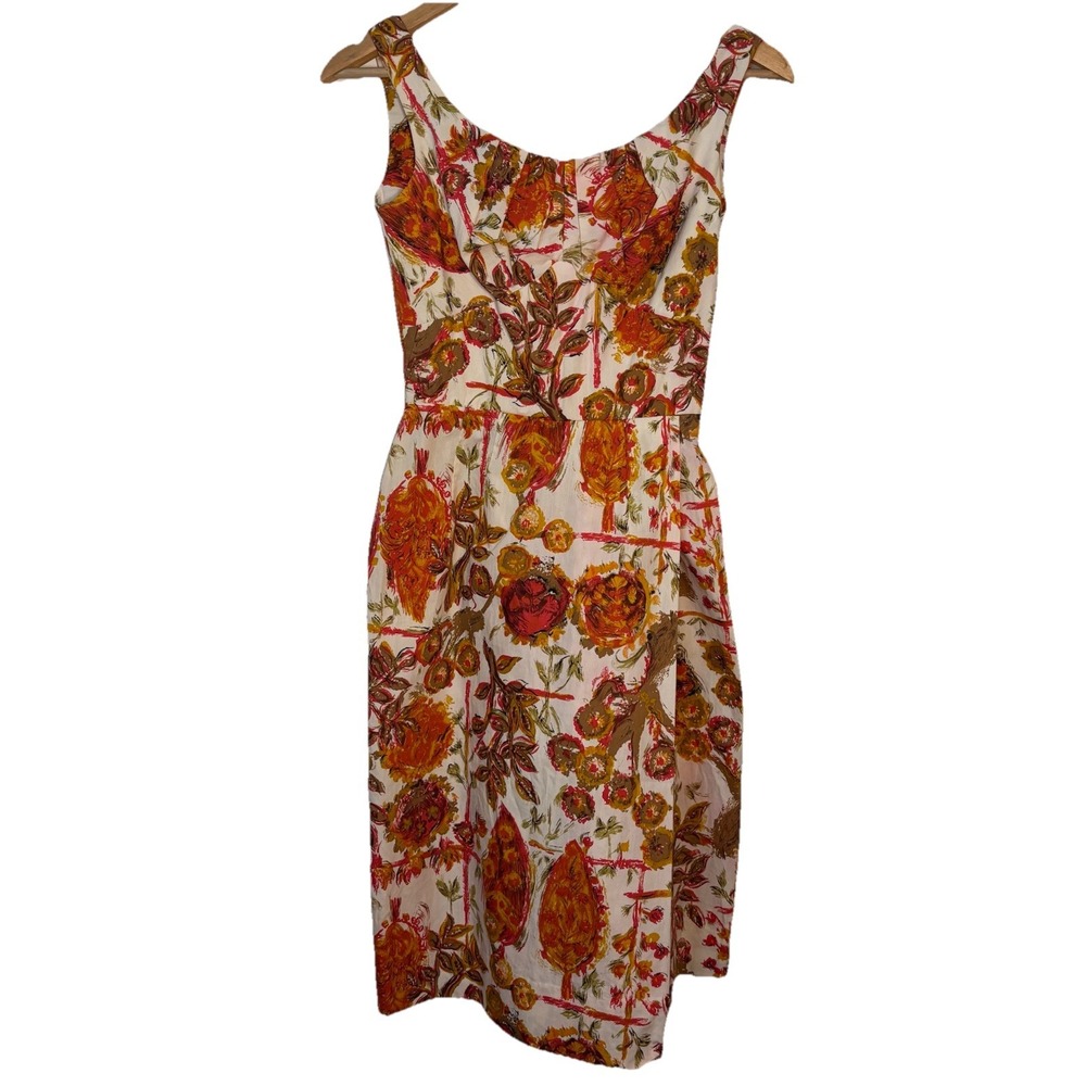 Vintage Alexander Lipton Sydney Garr Floral Dress Orange Red 50s 60s Sleeveless